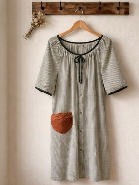 Classic Striped Midi Dress with Dark Navy Trim and Rust Pocket